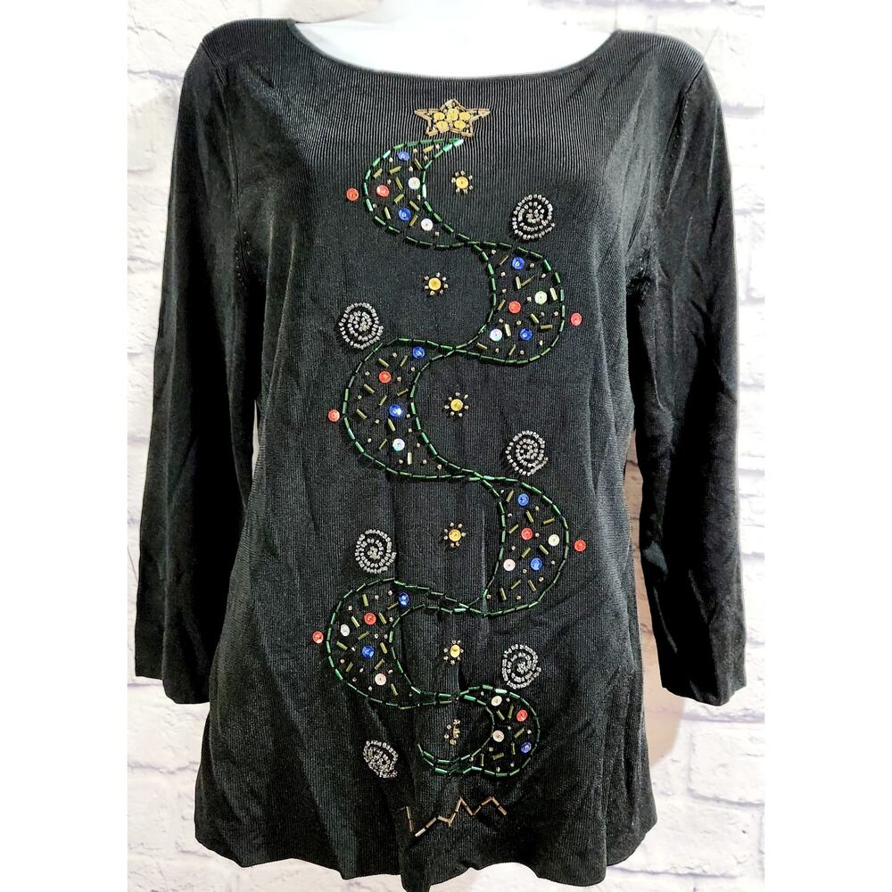 Sweaterworks Black Beaded Front Ribbed Top Medium Lightweight Flowy Soft